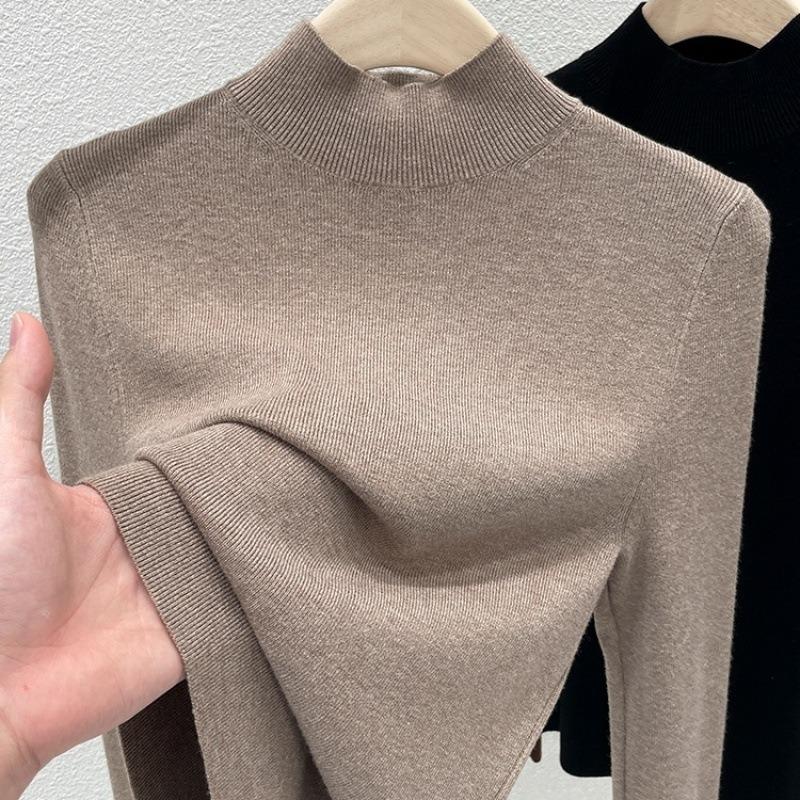 Women Autumn Winter Round Neck Knit Sweater Fashion Elegant Loose Tops Long Sleeve Solid Color Simple Bottom Pullover Sweatersbasic Clothing