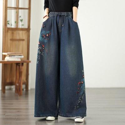 Plus größe Vintage floral hohe taille beiläufige lose Frauen frühling sommer herbst jeans denim breite bein