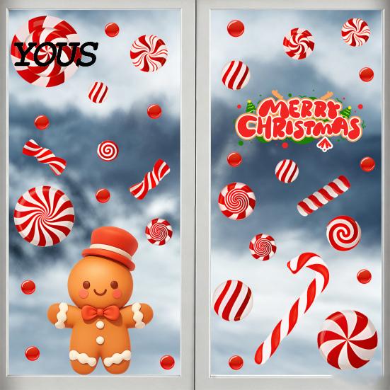 Holiday Candy Pattern Decorations Christmas Static Window Clings for Glass, Decorations, Gingerbread Man Decorative PVC Stickers Windows Cane