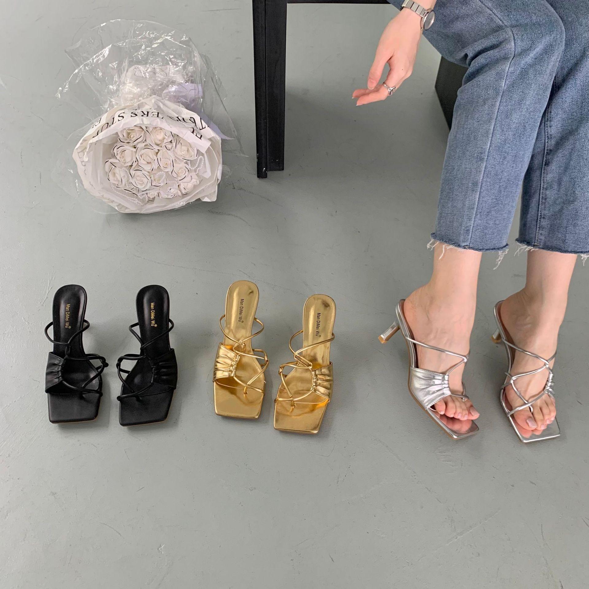 

Square head niche design sense high heel cool slippers women summer wear new toe thin heel fashion sandals women 40 серебряный