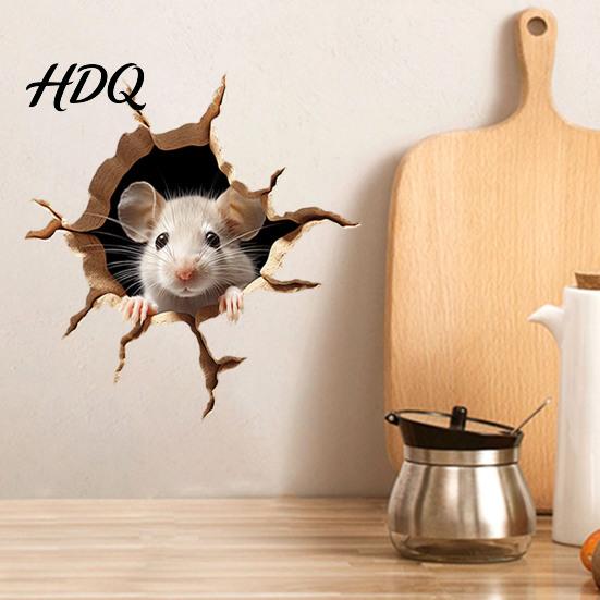 Adesivo Murale Divertente Animale Topo Curioso Effetto Buco Rotto 3D Decalcomanie Vetro Interno Esterno Adesivi Finestra Rimovibile PVC per