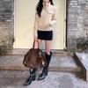 Women's Retro Suede Stand Collar Jacket - American Style, Autumn Motorcycle Coat with Loose Design and Long Sleeves.