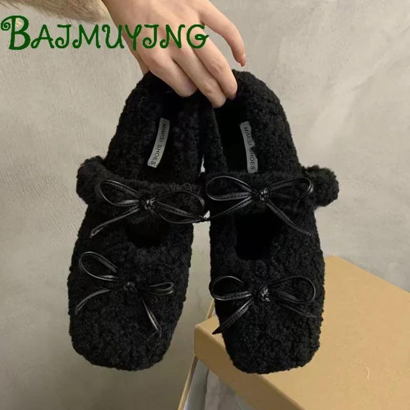 Bow Fur Square Toe Women Loafers Flats Warm Shoes Woman 2024 Trend Designer Plush Snow Boots Winter Casual Wedges Zapatos Mujer