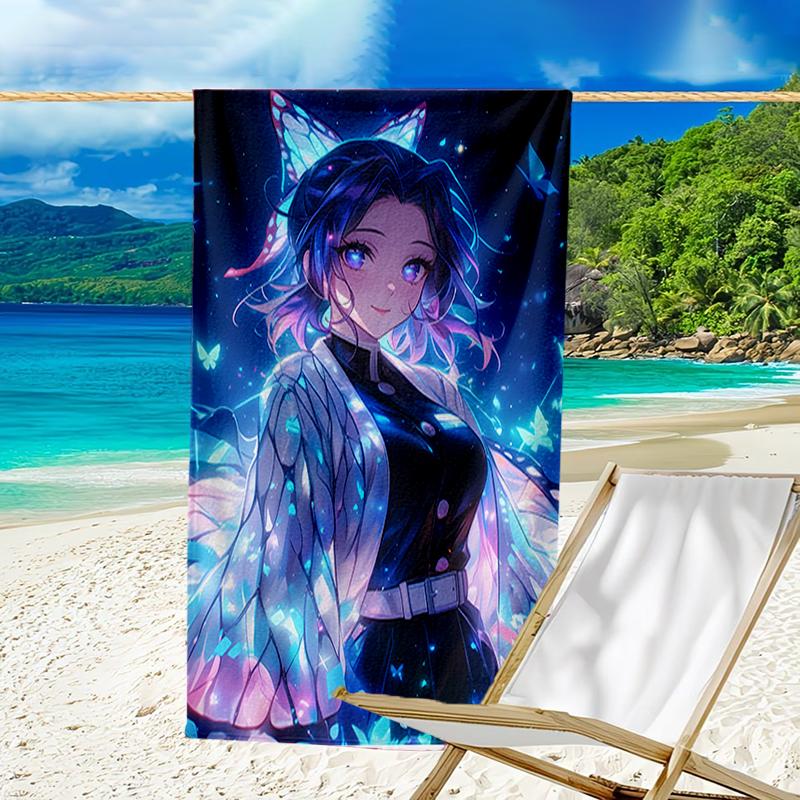 proof beach towel with a Demon Slayer Shinobu Kocho pattern - soft,absorbent,quick-drying,machine washable - perfect for swimming,camping,bathing
