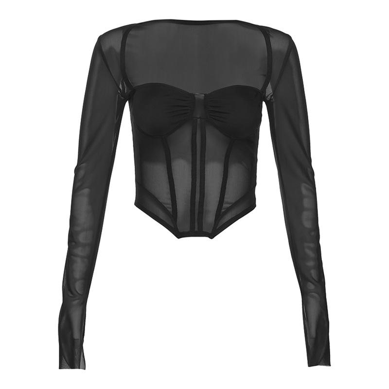 Women's Black Mesh Long Sleeve Corset Top, Square Neck Sheer Boned Crop Top for Streetwear & Party