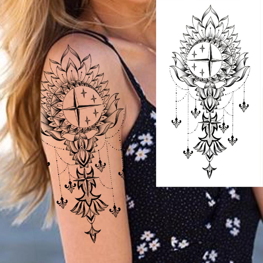 1 Sheet Black Henna Mandala Fake Jewels Temporary Sleeve Tattoos For Women Girls Forearm Waist Chest Back Tattoo Sticker Decal