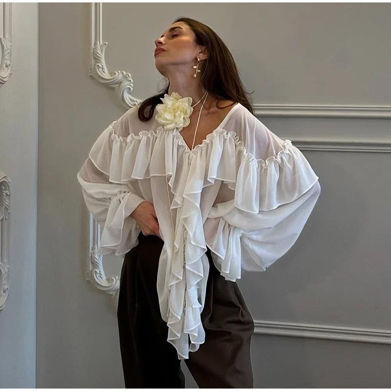 2026 New V-neck Chiffon Blouse Sexy Sheer Beach Cover-up Long Sleeve Sexy Hot Girl Top