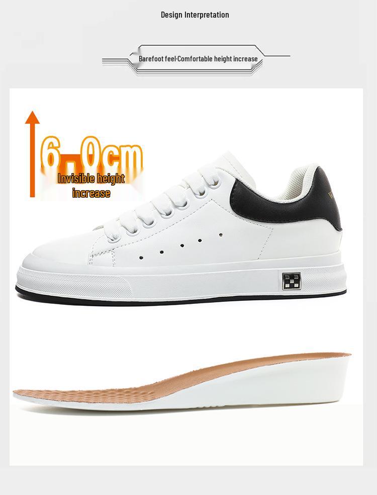 Classic Korean Men's Skate Shoes, Casual 6CM Height-Increasing White Sneakers, Versatile Invisible Lift, Available in Large Sizes.