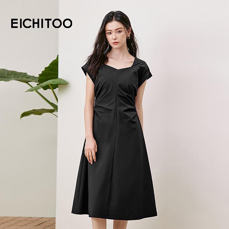 EICHITOO Women s French Square Collar Pleated Short-Sleeve Dress M