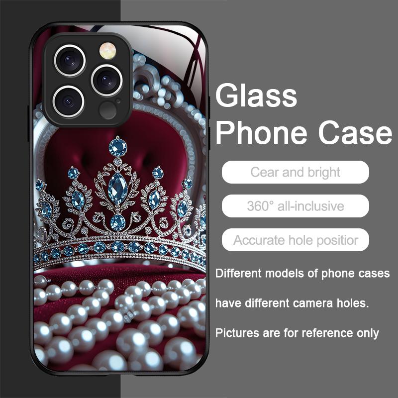 Luxus Kronen Schmuck Blumenmuster Gehärtetes Glas Handyhülle für IPhone 17 16 Pro Max 15 14 13 12 Mini 11 X XS 7 8 14Plus Hülle