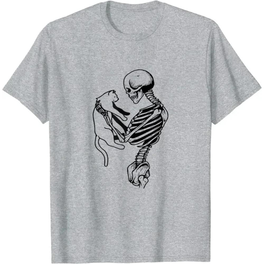 Maglietta di Halloween con Scheletro Divertente che Tiene un Gatto - T-shirt