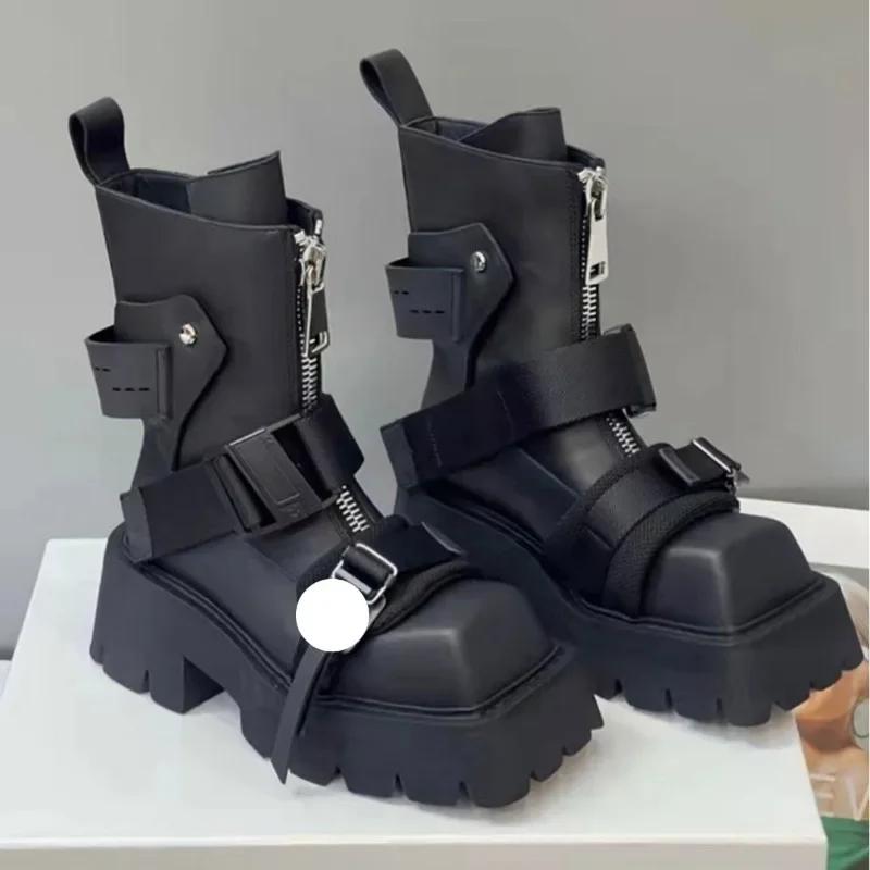 2025 European style Square Toe Thick Heel Motorcycle Boots Women Leather Front Zipper Short Belt Buckle Fashion Chelsea Boots