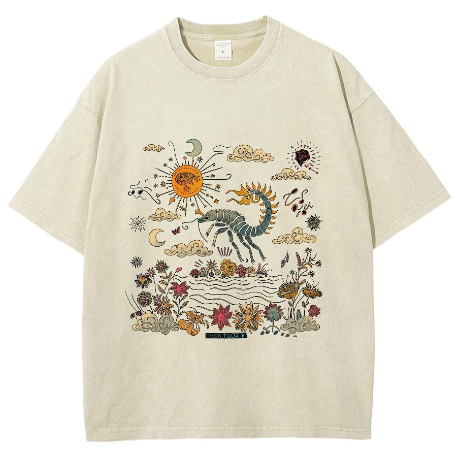Cartoon Landschaftsdruck Schlichter Stil Damen T-Shirt Unisex Waschung Rundhalsausschnitt Kurzarm Vintage Distressed Basic Tee
