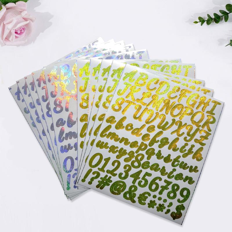 10 Feuilles Autocollants Lettres Dorées Pailletées Kit Autocollant Lettres Chiffres Alphabet Doré Argenté