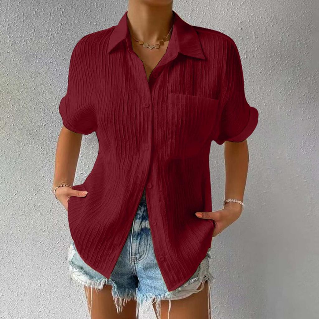 Blouses For Women 2025 Summer Women'S Solid Color Buttoned Cardigan Short Sleeve Shirt