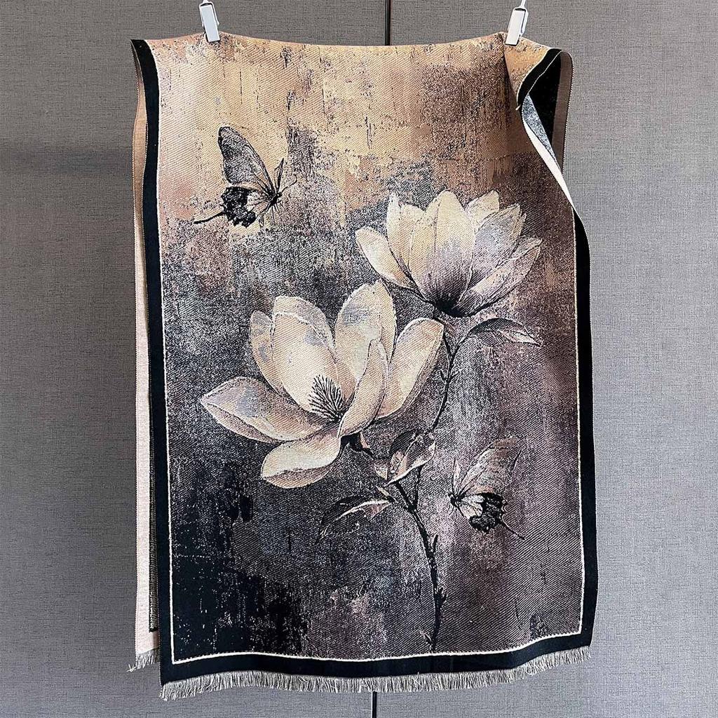 Autumn New Plant Flower Print Scarf Autumn and Winter Imitation Cashmere High-end Warm Scarf Shawl Women