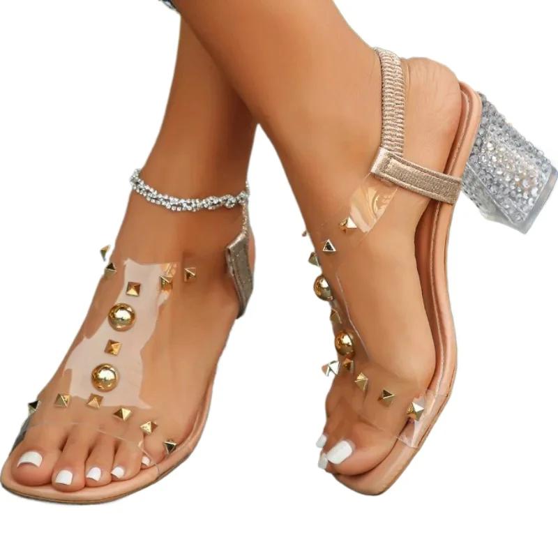 Ladies Shoes  Hot Sale Elastic Band Women's Sandals Fashion Rivet Dress Sandals Women Summer Plus Size Solid Heeled Sandals