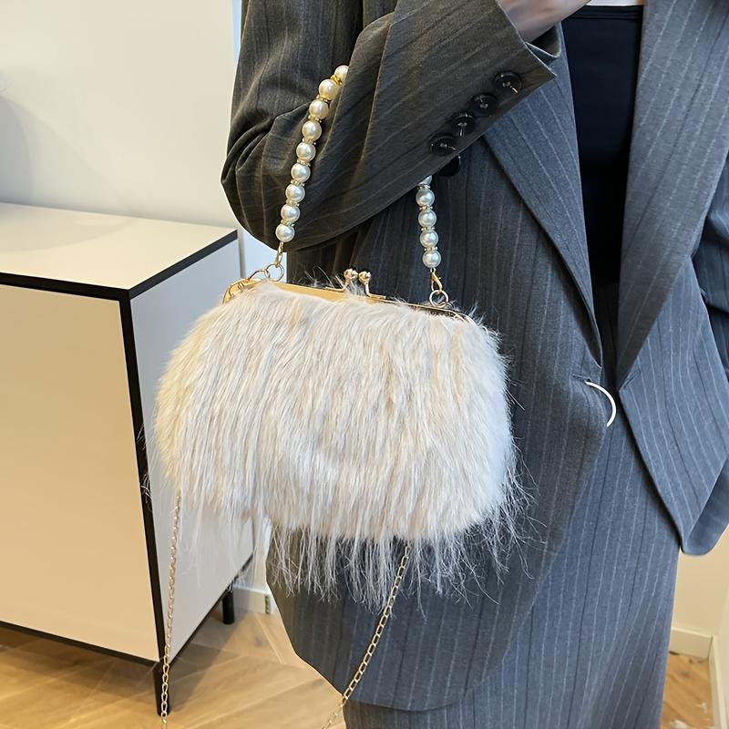 Geantă Satchel Elegantă din Blană Artificială cu Mâner de Perle Geantă de Seară Pufoasă și Moale Portofel de Damă la Modă Geantă de Mână Culoare Solidă cu Închidere Tip Kiss
