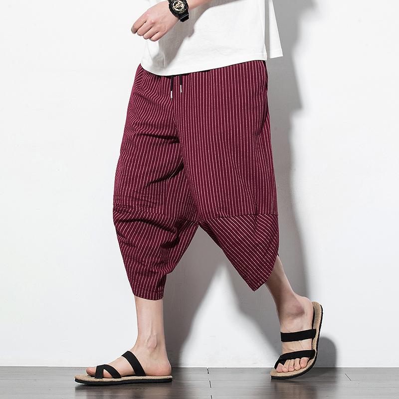 Harajuku Casual Wide Leg Harem Pants Men 2024 Summer Cotton Baggy Pants Striped Calf Length Trousers