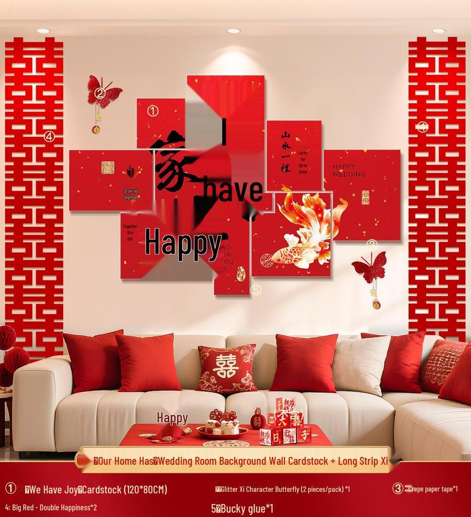 Double Happiness Wedding Room Decoration Set - Cardstock Wall Sticker for Bride & Groom Engagement