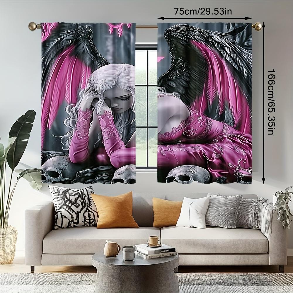 2pcs Elegant Angel Wings Anime Curtains – Detailed Wing & Skull Design for Bedroom   Living Room   Kitchen & Office Decor