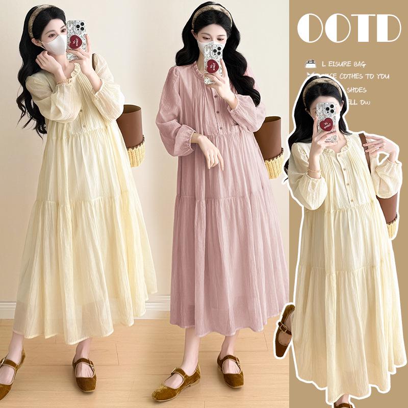 2026 Spring Korean Style Sweet Ruffled Maternity Dress with Stand Collar - Loose, Simple, and Fashionable. 2XL