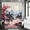 Japanese Cherry Blossom Asian Anime Chinese Style Mountains and Lakes Scenery Shower Curtain, Bathroom Decorative Shower Curtain