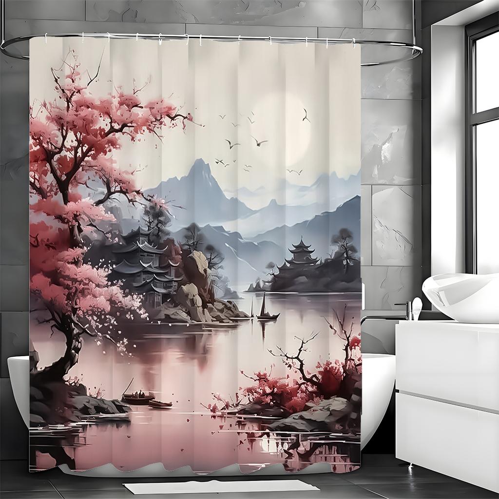 Japanese Cherry Blossom Asian Anime Chinese Style Mountains and Lakes Scenery Shower Curtain, Bathroom Decorative Shower Curtain