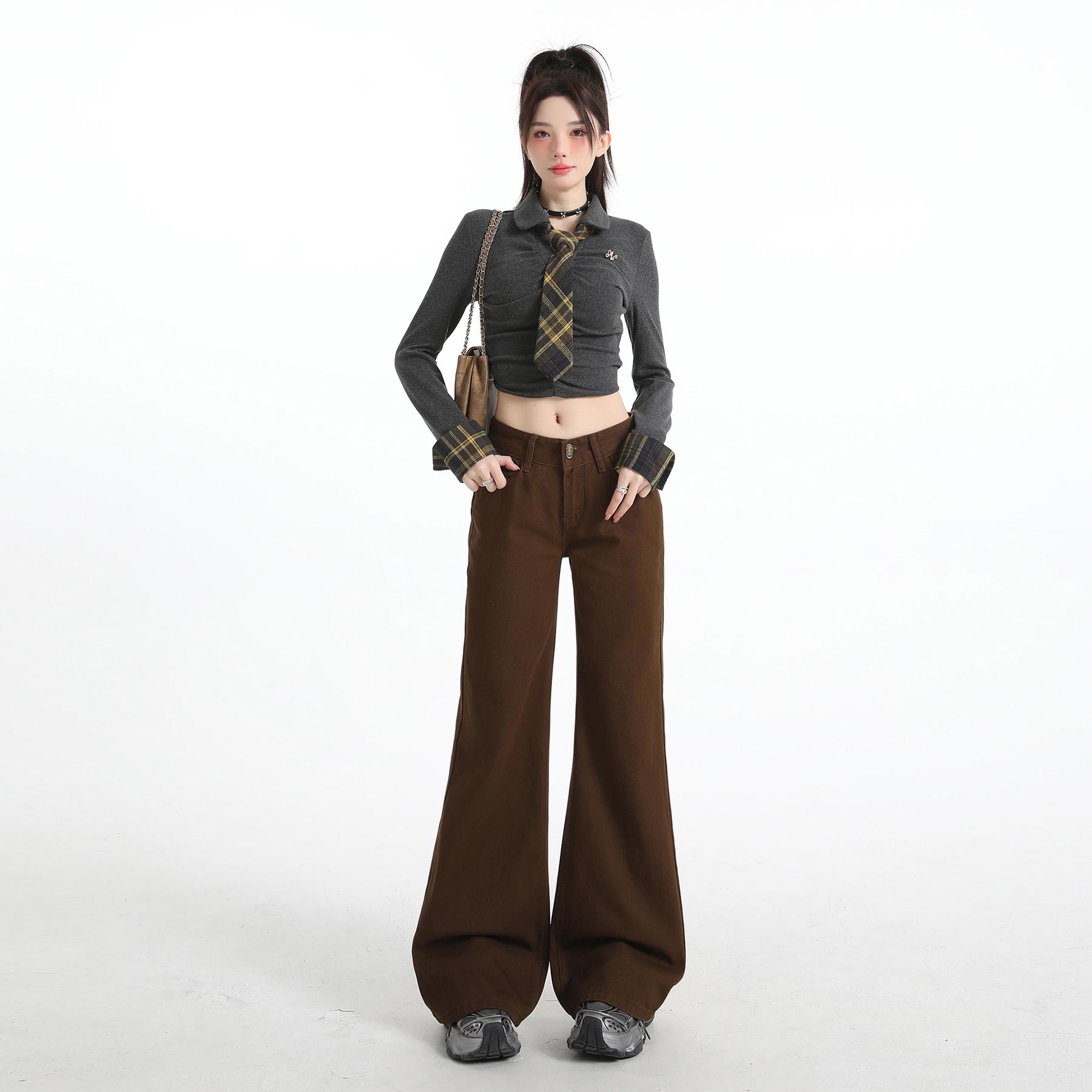 2026 Spring Women s Coffee Low-Rise Micro-Flare Jeans - Loose, Slimming Fit XL