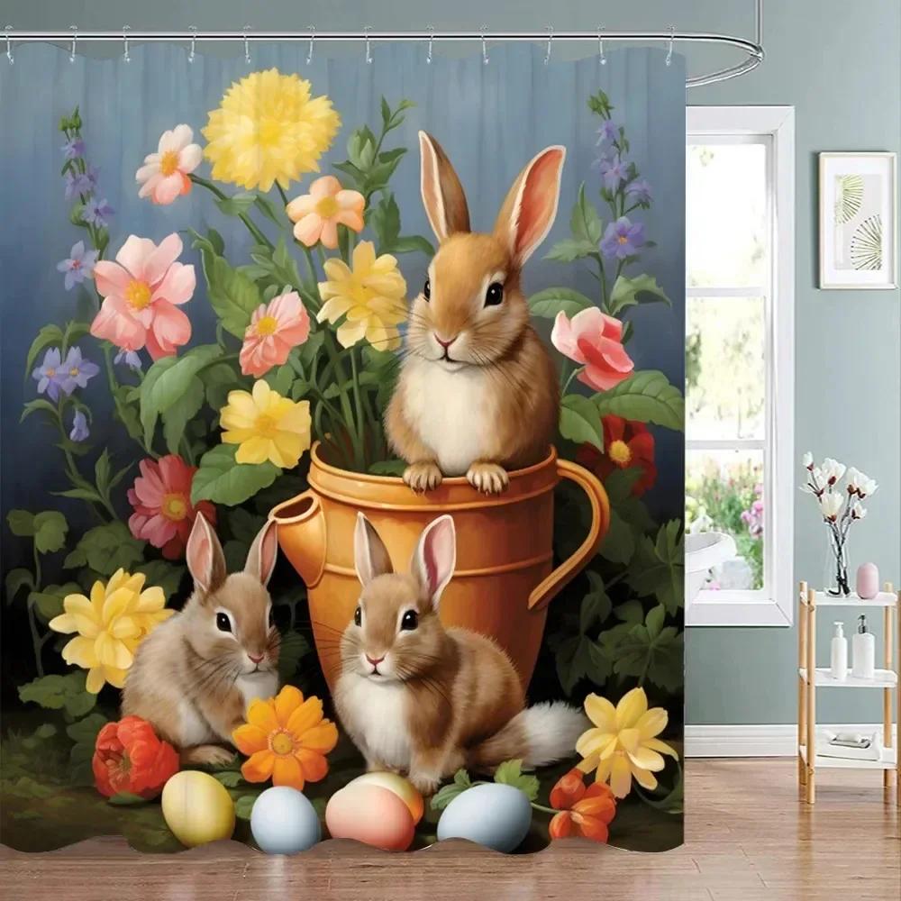 Easter Shower Curtain Happy  with Bunny Eggs Vintage Style    Bathroom Decoration