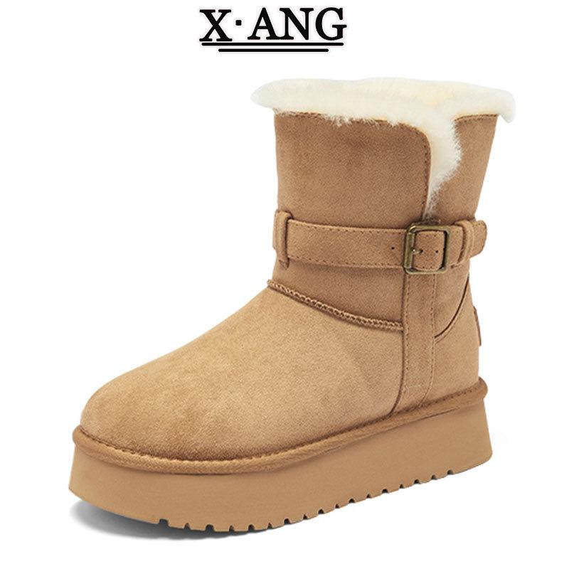 Winter leather wool integrated snow boots women's velvet thickened warm Northeast large cotton shoes thick-soled non-slip short boots
