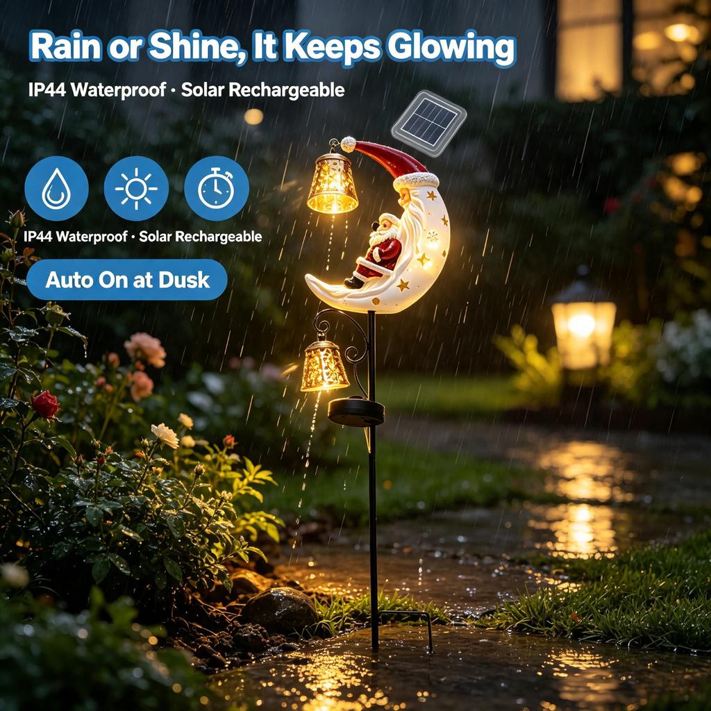 Solar LED Santa Moon Garden, Stake Light Waterproof Outdoor, Christmas Yard Porch Pathway Decoration, Lamp Holiday Gift Ornament