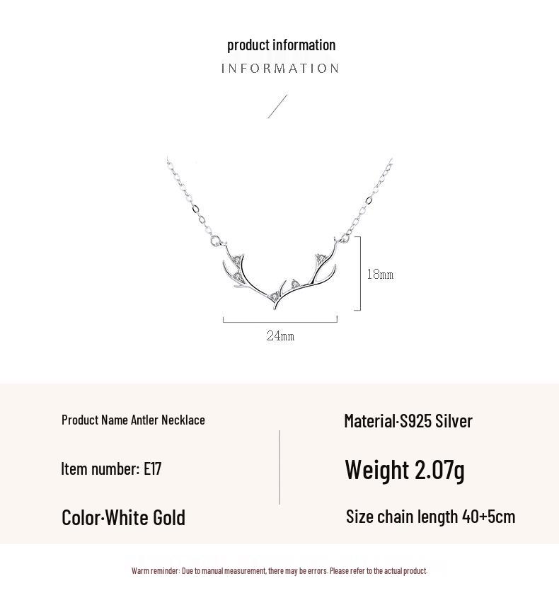 S925 Sterling Silver Reindeer Antler Pendant Necklace - Minimalist Christmas Jewelry for Women
