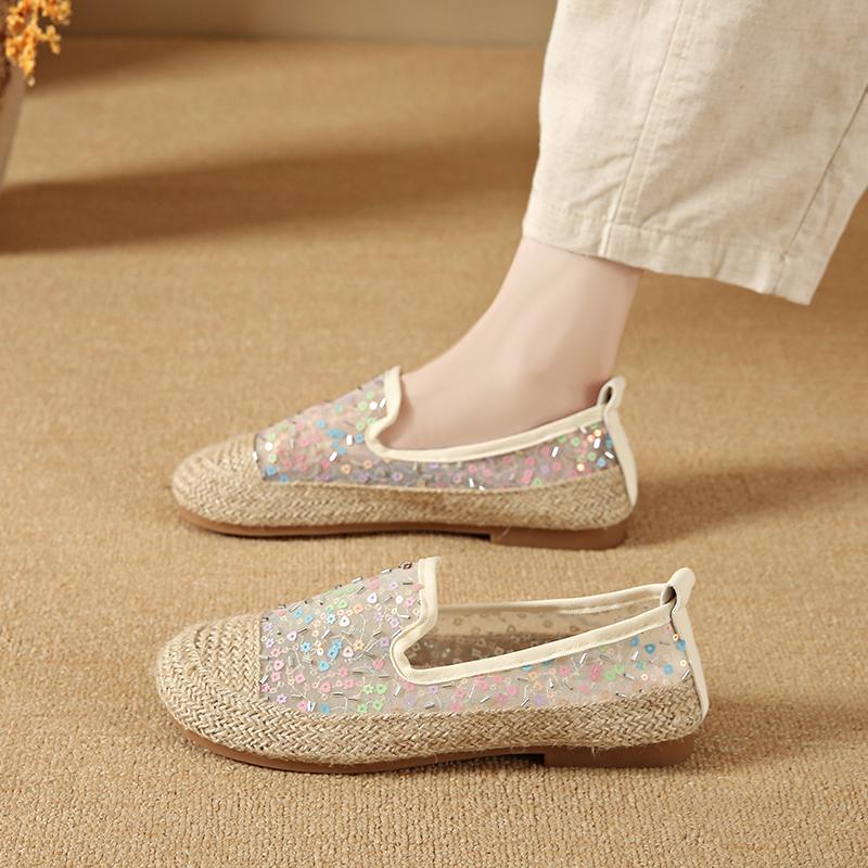 CRLAYDK Classic Women's Sequin Slip On Lace Loafers Casual Driving Moccasins Penny Flats Summer Soft Walking Ladies Boat Shoes