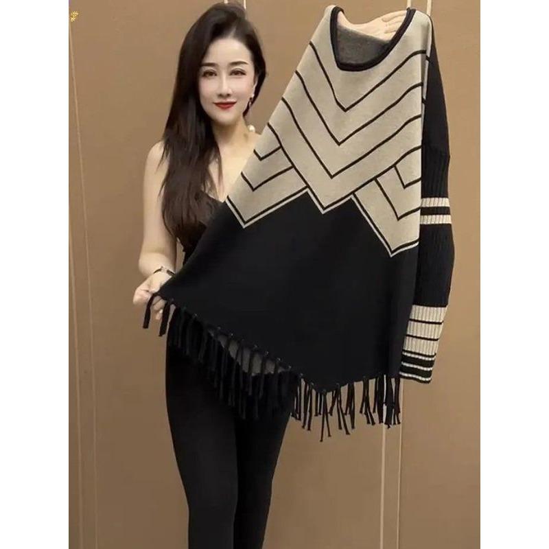 Podzimní a zimní nový střapcový patchworkový dámský módní top střední délky, spodní volný svetr