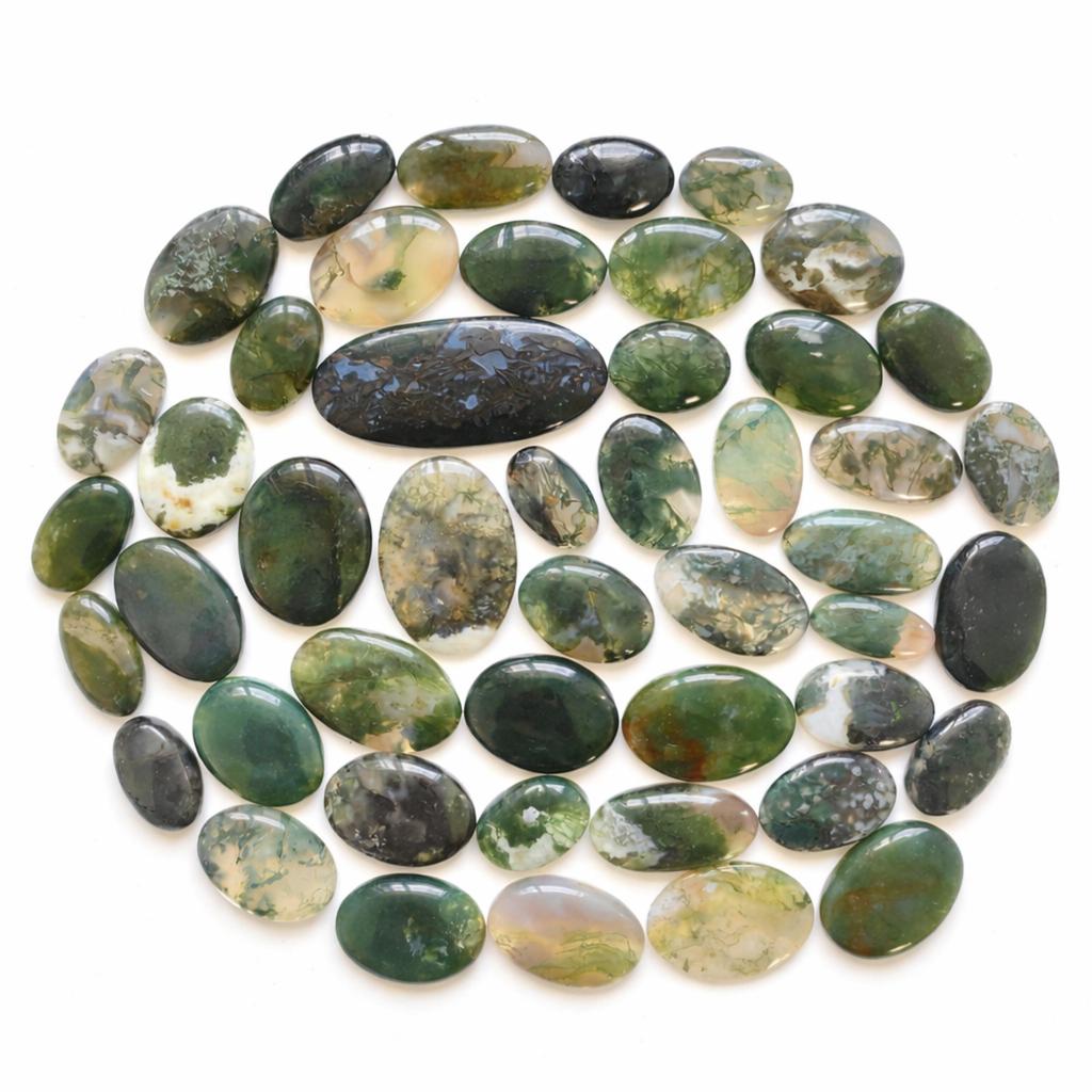 Moss Agate Oval Cabochon Lot – Natural Green Crystal Gemstone Flat Back (20–35mm) for Jewelry Making