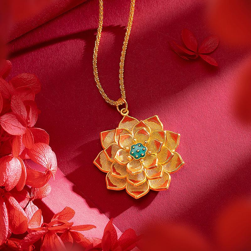 Enamel large lotus pendant for women, gold-plated filigree filigree burnt blue lotus necklace