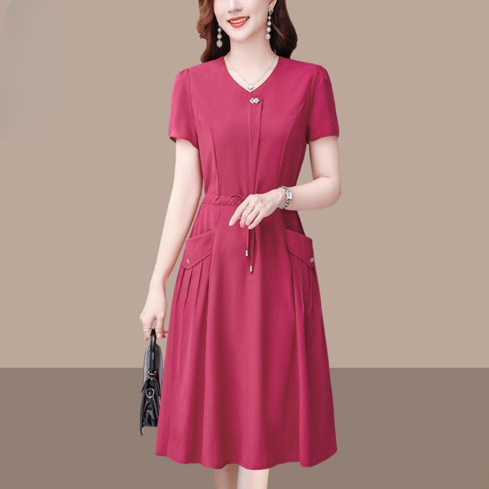Fashion Summer Solid Color Short Sleeve Dress for Women Slim Fit Waist Cover Belly Elegant