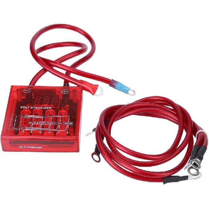 Auto Alternator Voltage Regulator, 12V Digital Stabilizer Kit with 3 Ground Cables Universal Regulator for Car Truck Electrical System (Red