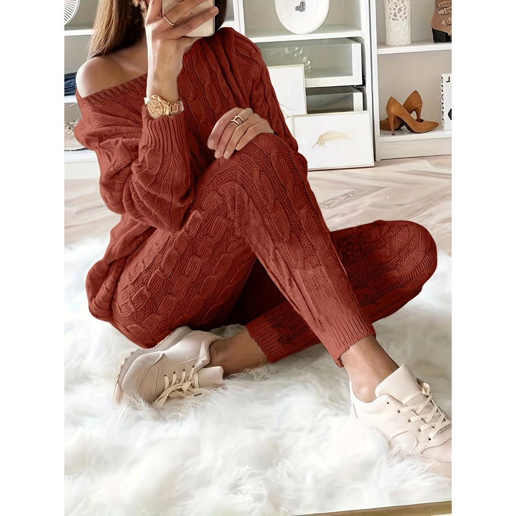 Conjunto de duas peças de malha sólida combinando, suéter casual de manga comprida e calças, roupas femininas