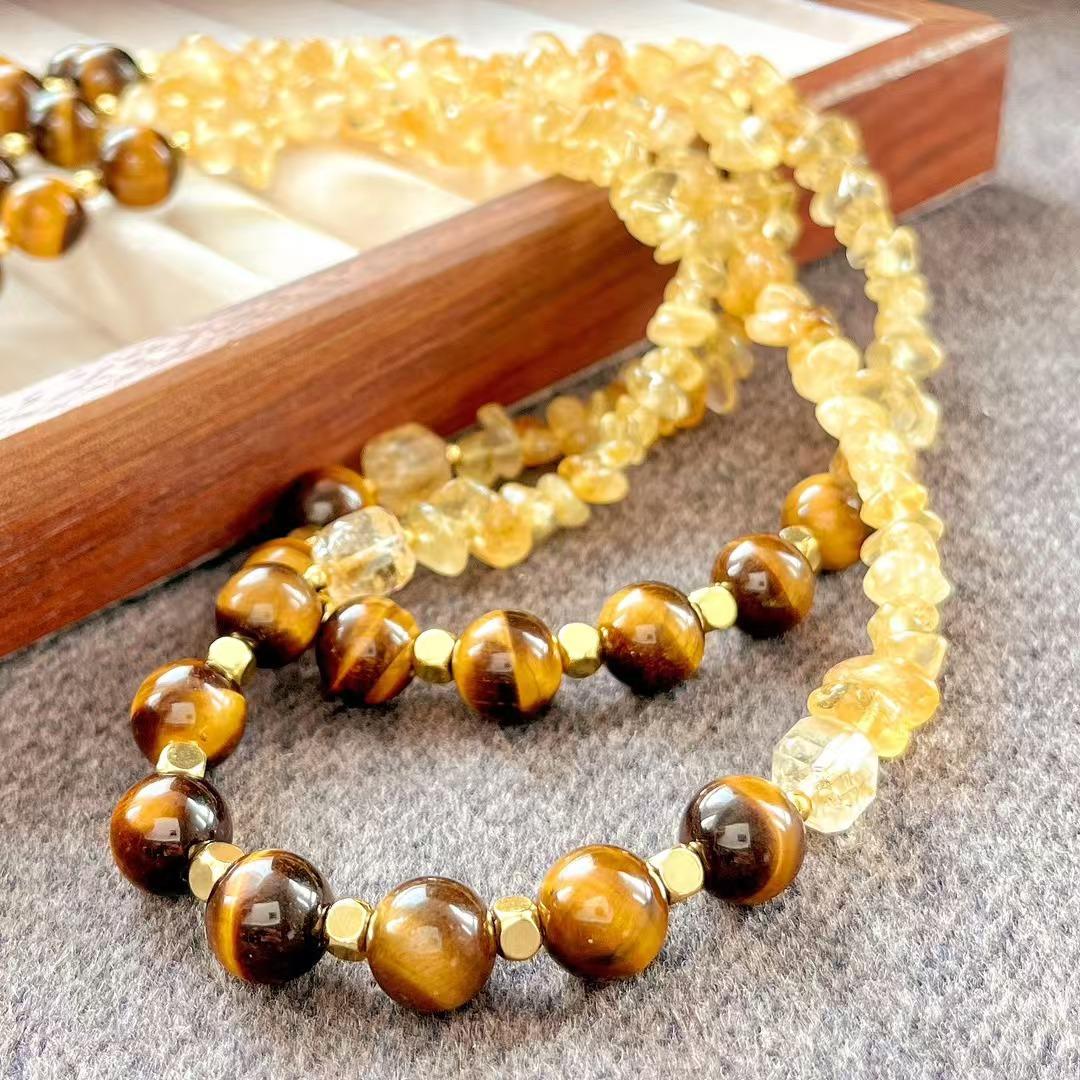 High Matching Retro High Quality Maillard Natural Tiger S Eye Stone Citrine Collarbone Chain Necklace