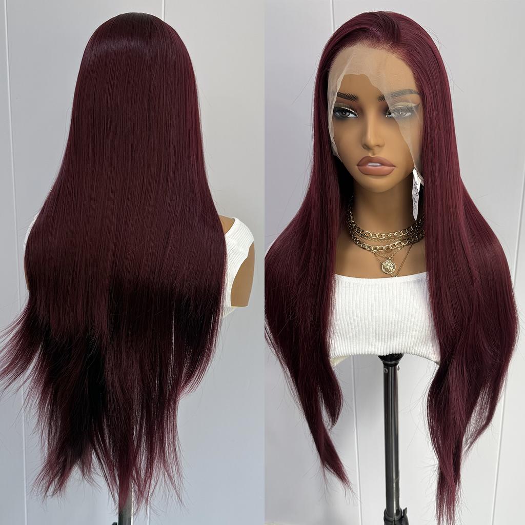 AIMEYA Burgundy Lace Front Wig Heat Resistant Synthetic Long Straight Wig for Black Women Natural Hairline Daily Used Cosplay