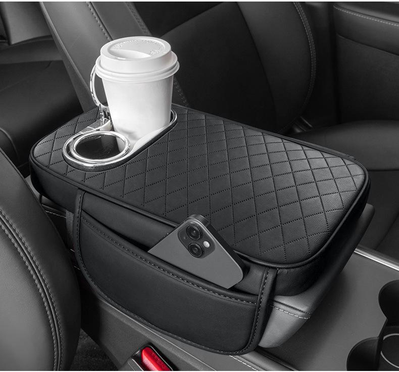Multifunctional Leather Car Armrest Pad with Storage, Cup Holder, and Protective Cover