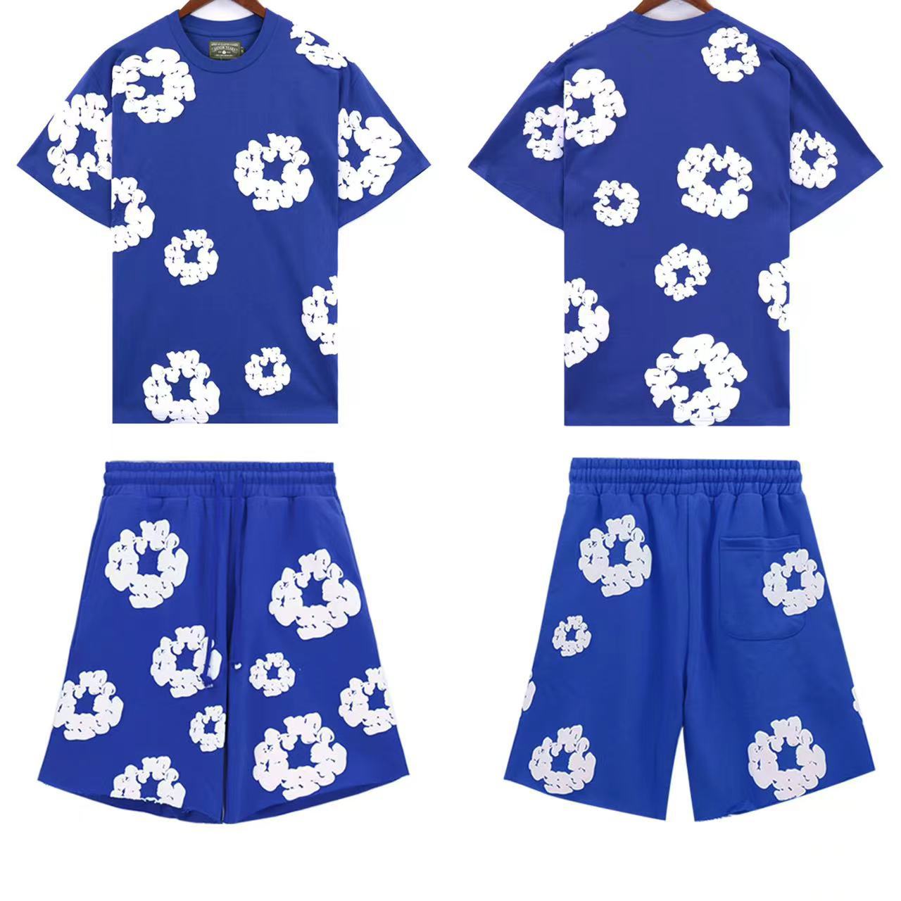 Tuta da corsa unisex chic in due pezzi, set con stampa in schiuma di kapok 3D e motivo floreale, coppia, maglietta a maniche corte e pantaloncini S blu