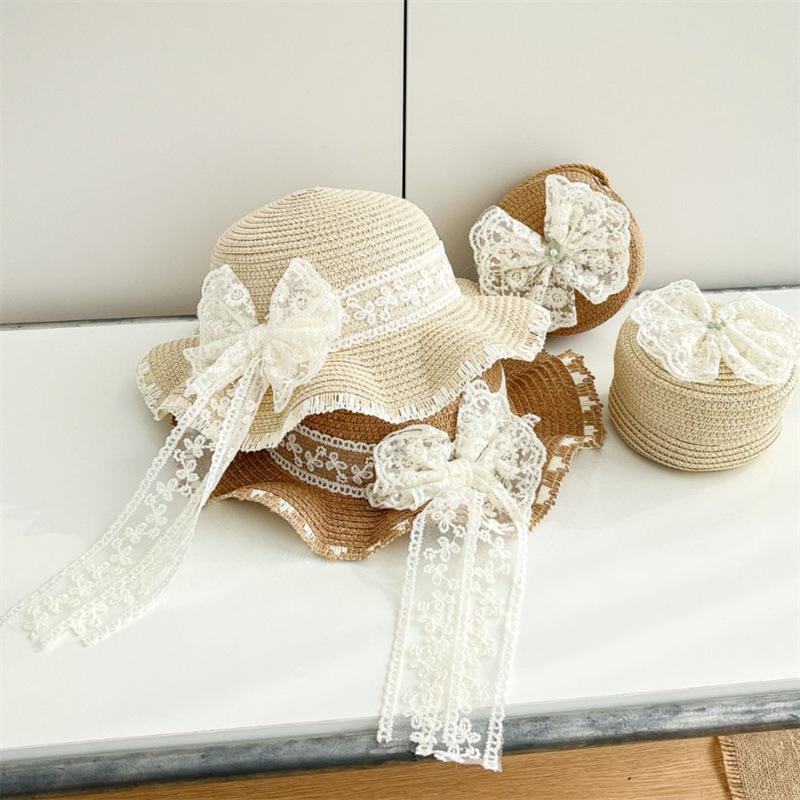 Kids Baby Girls Sun Hat And Straw Beach Bag Set with Elegant Lace Bowknot Trim Wide Brim for Vacation Beach Toddlers 2pcs