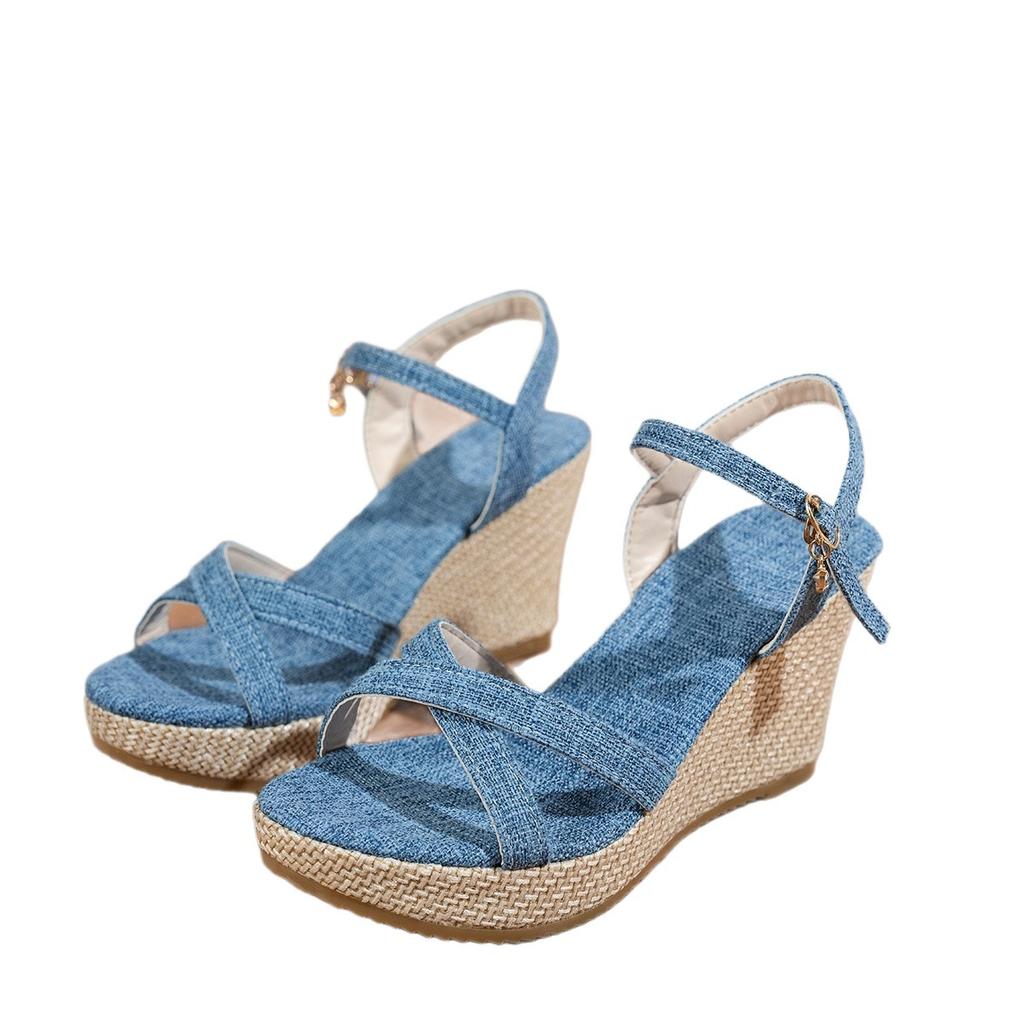 Large Size Thick-soled Wedge Heel One-word Buckle Sandals, New Summer Fish Mouth Wear Open-toed Beach Sandals