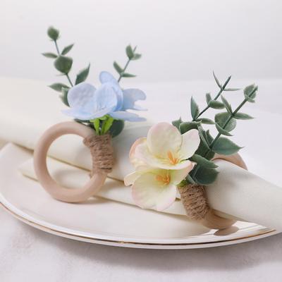 6Pcs Boho Napkin Rings Fabric Flower Faux Eucalyptus Leaf Napkin Holders Rustic Wooden Napkin Rings for Wedding Bridal Shower Dining Table Decor