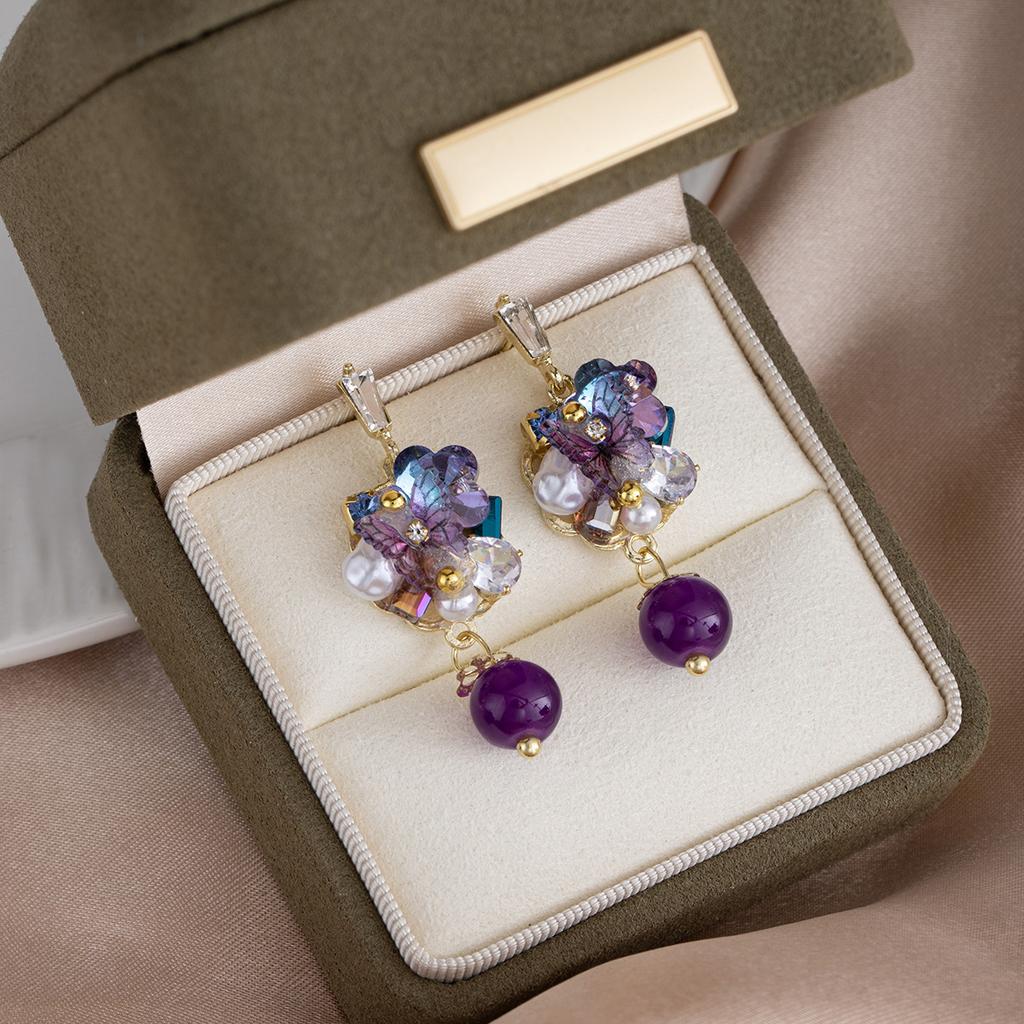 Niche Design Stud Earrings Female Purple Butterfly Flower Crystal Fringed Earrings Diamond Pearl Unique Earrings