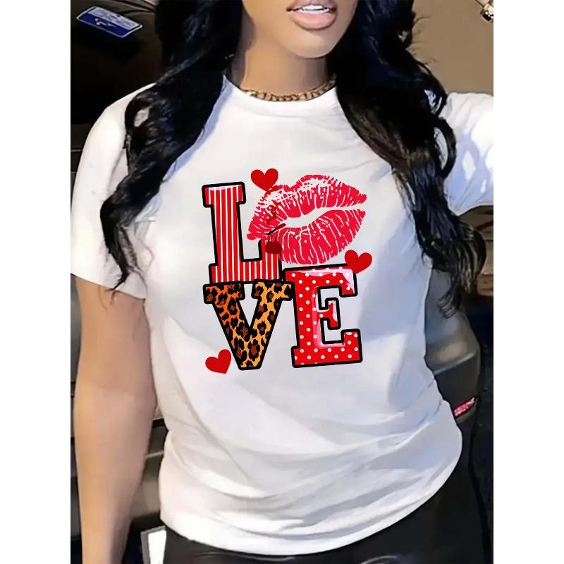 

Большой размер, Женская блузка-футболка большого размера - Принт губ, Полосатый леопард и Сердечко в горошек, Короткий рукав, Круглый вырез, Эластичный топ | Удобный, Подходящий S белый