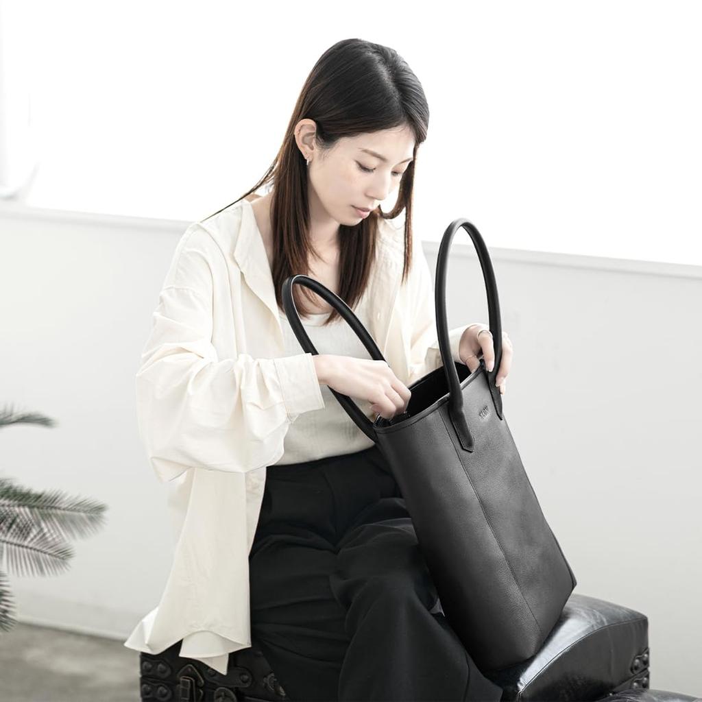 KLON STORAGE PORTRAIT TOTE BAG -VNM- LEATHER, Black, Perfect for Business, Commuting, and School, Made of Genuine Leather. Multi-functional.
